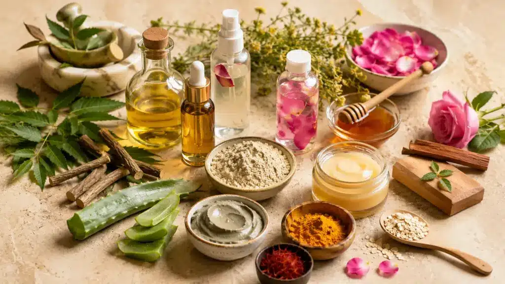 ayurvedic skincare products with herbs, oils, rose petals, aloe, turmeric, honey, and natural powders displayed