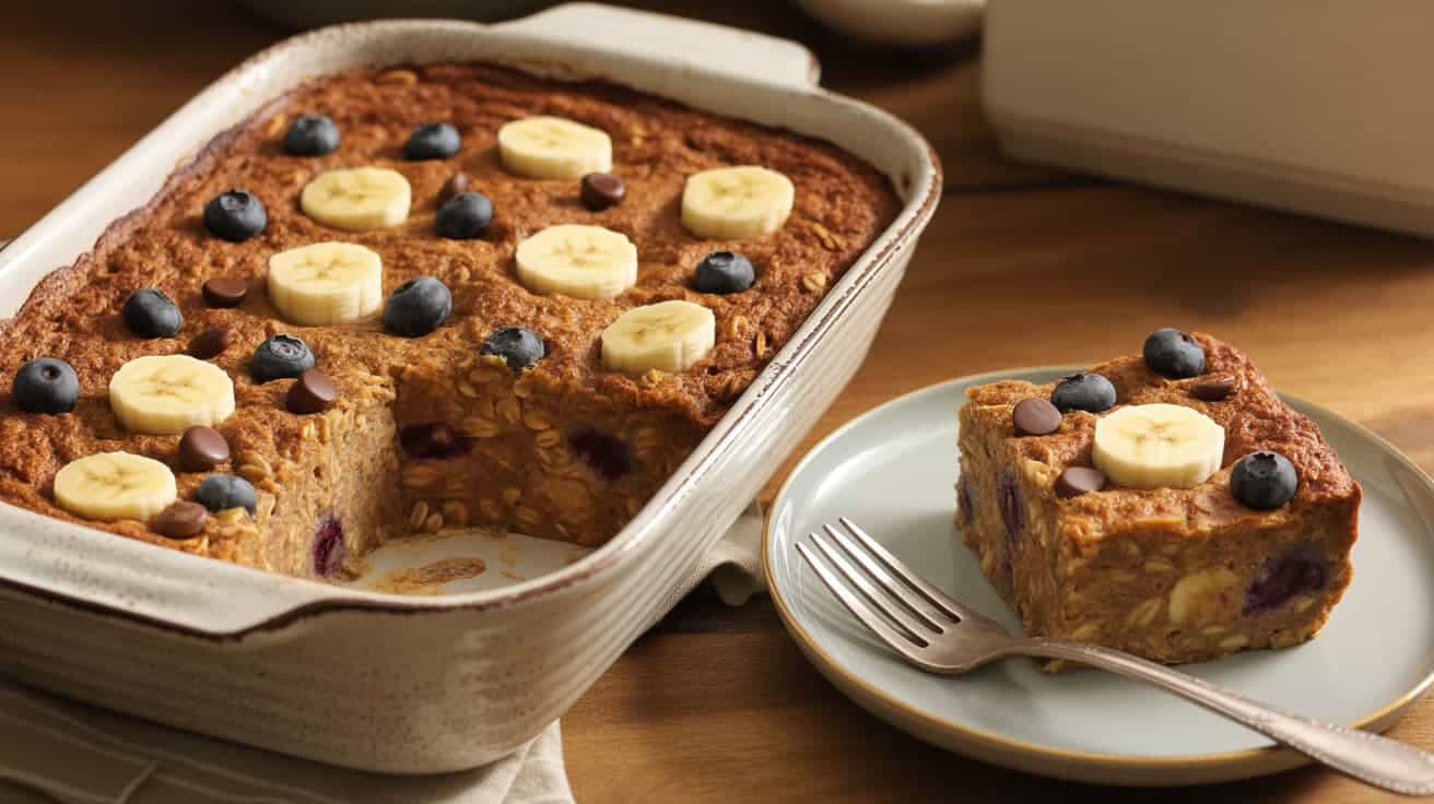 baked oatmeal with blueberries and chocolate chips in a baking dish