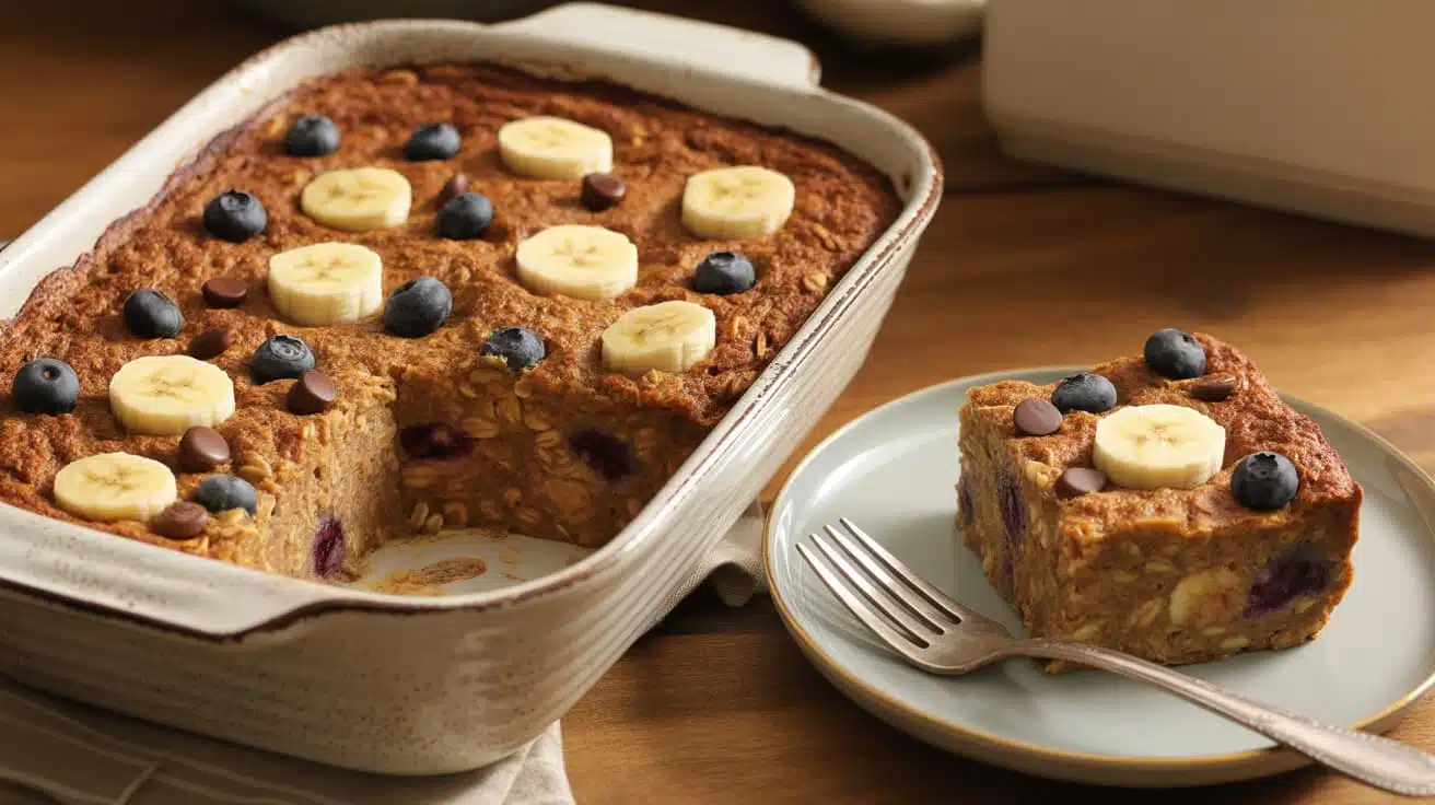 baked oatmeal with blueberries and chocolate chips in a baking dish