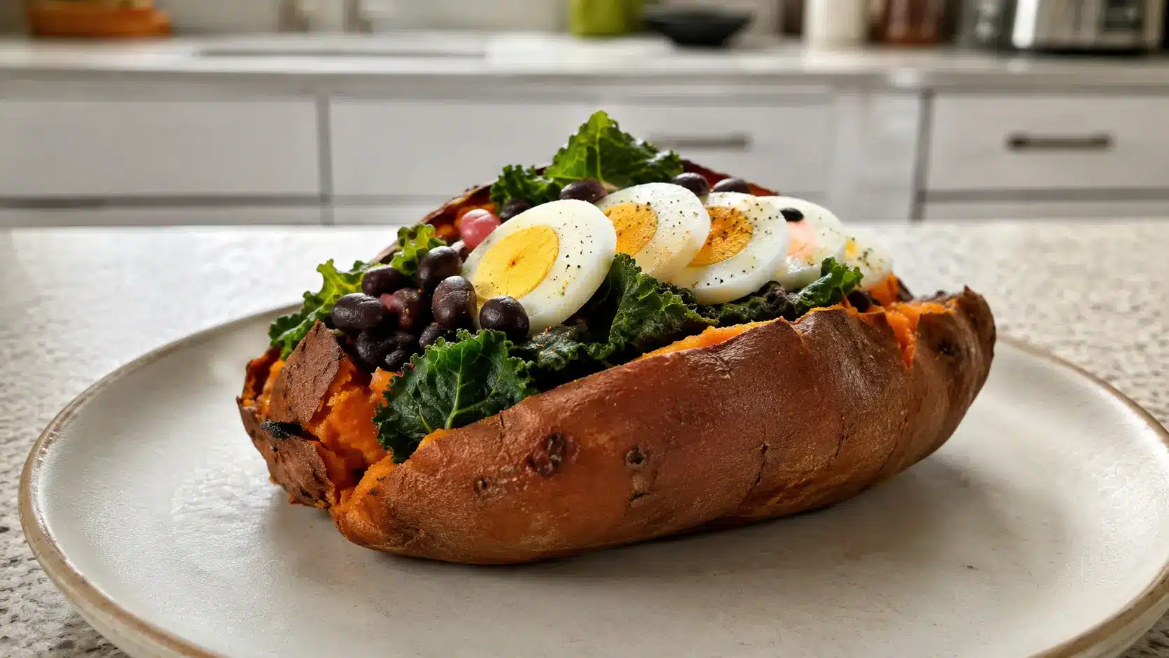 baked sweet potato with beans greens and egg on a plate
