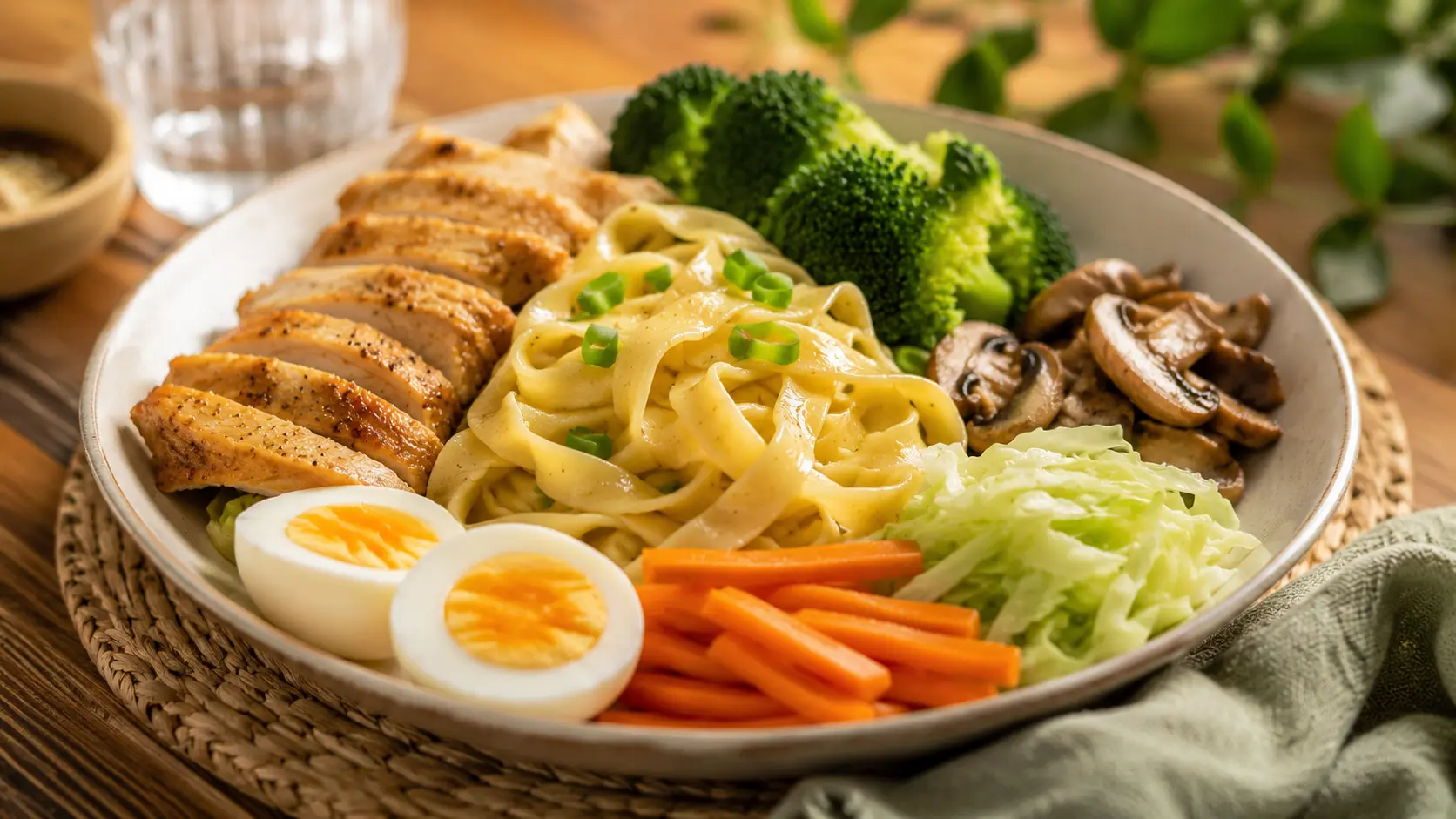 balanced egg noodle meal with chicken, vegetables, and boiled eggs on a plate