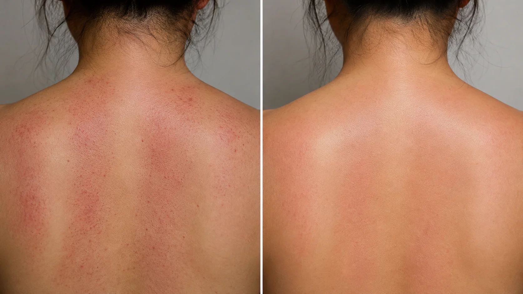 before and after view of upper back showing red gua sha marks on left and calmer skin on right side