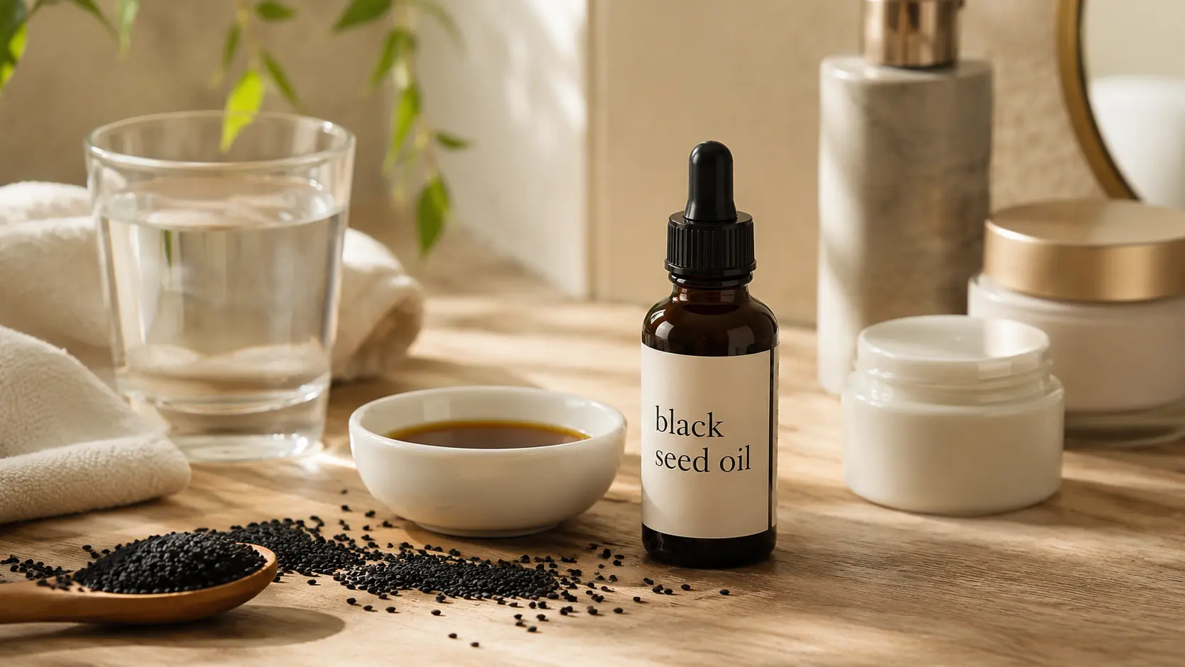 black seed oil for skin and black cumin seed oil on a bathroom vanity with nigella sativa seeds