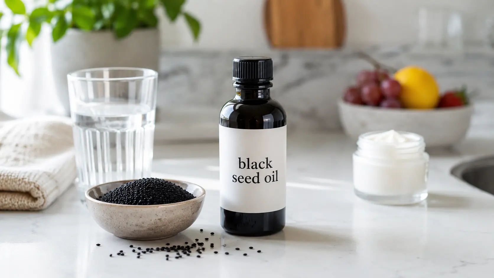 black seed oil shown with skin care and wellness items for daily health support
