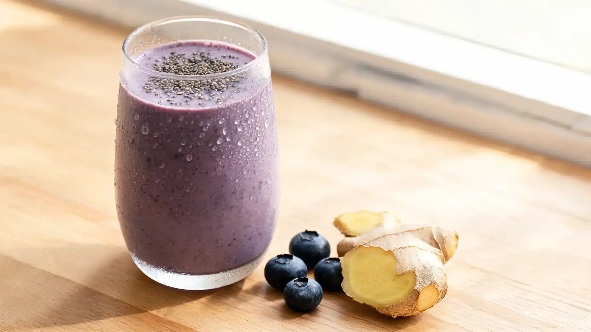 blueberry smoothie with chia seeds in a glass with fresh berries nearby