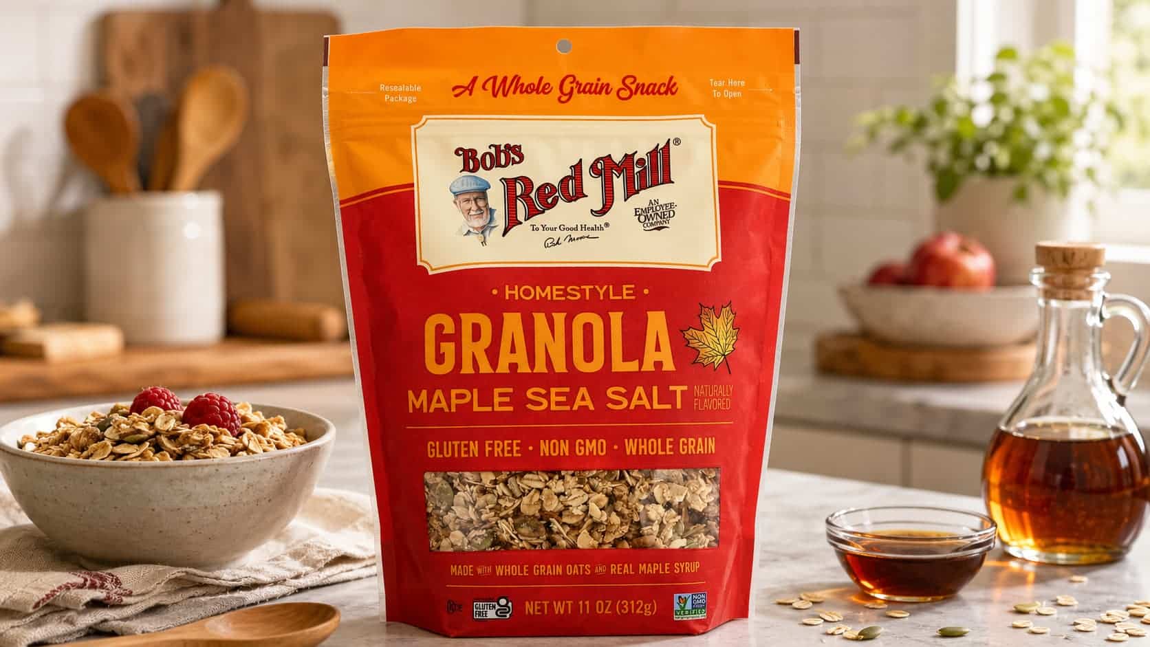 bobs red mill maple sea salt granola pouch with granola bowl maple syrup oats and kitchen counter (1)