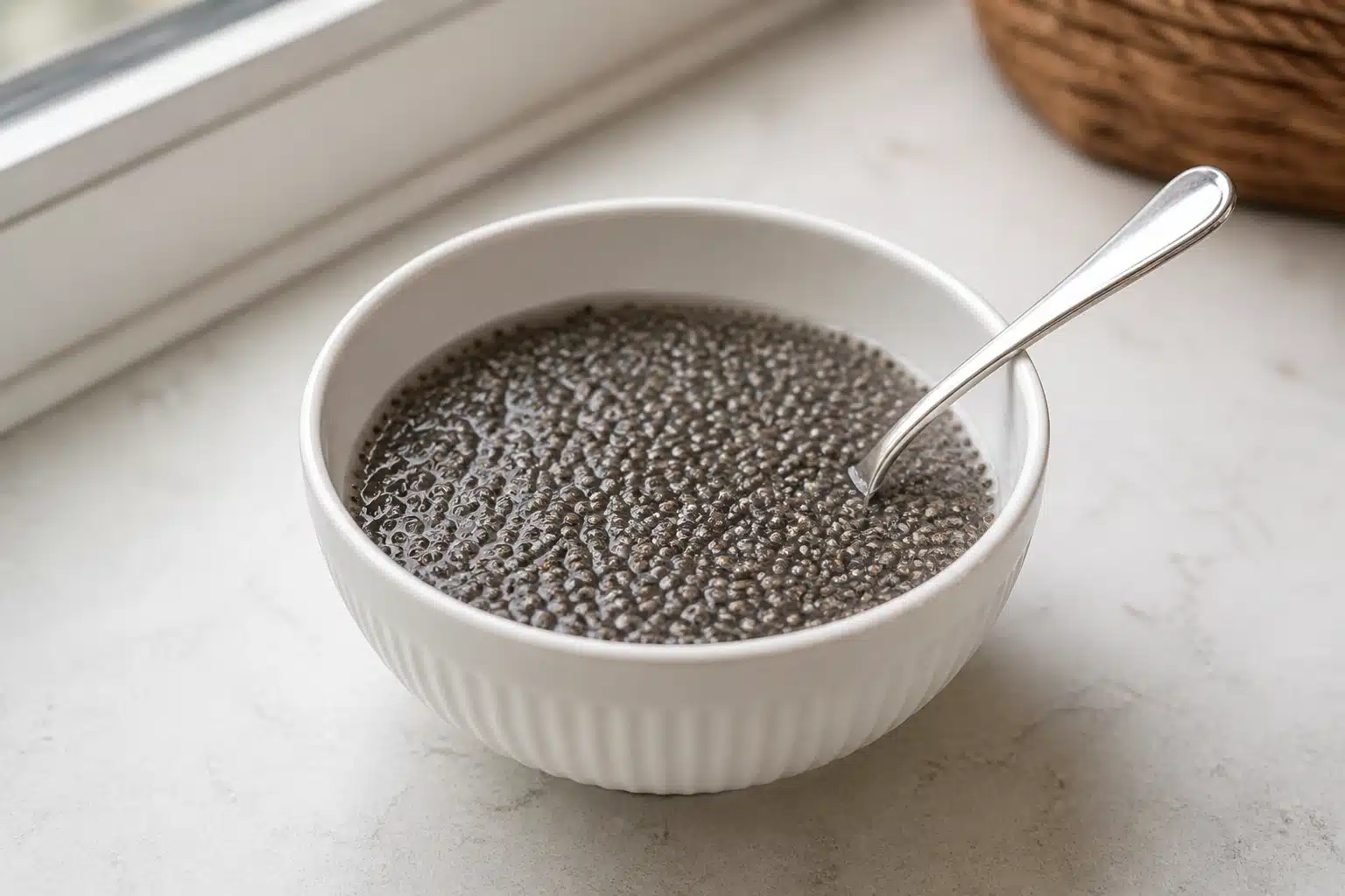 bowl filled with chia seed gel on countertop, swollen seeds visible, metal teaspoon inside, soft natural light nearby
