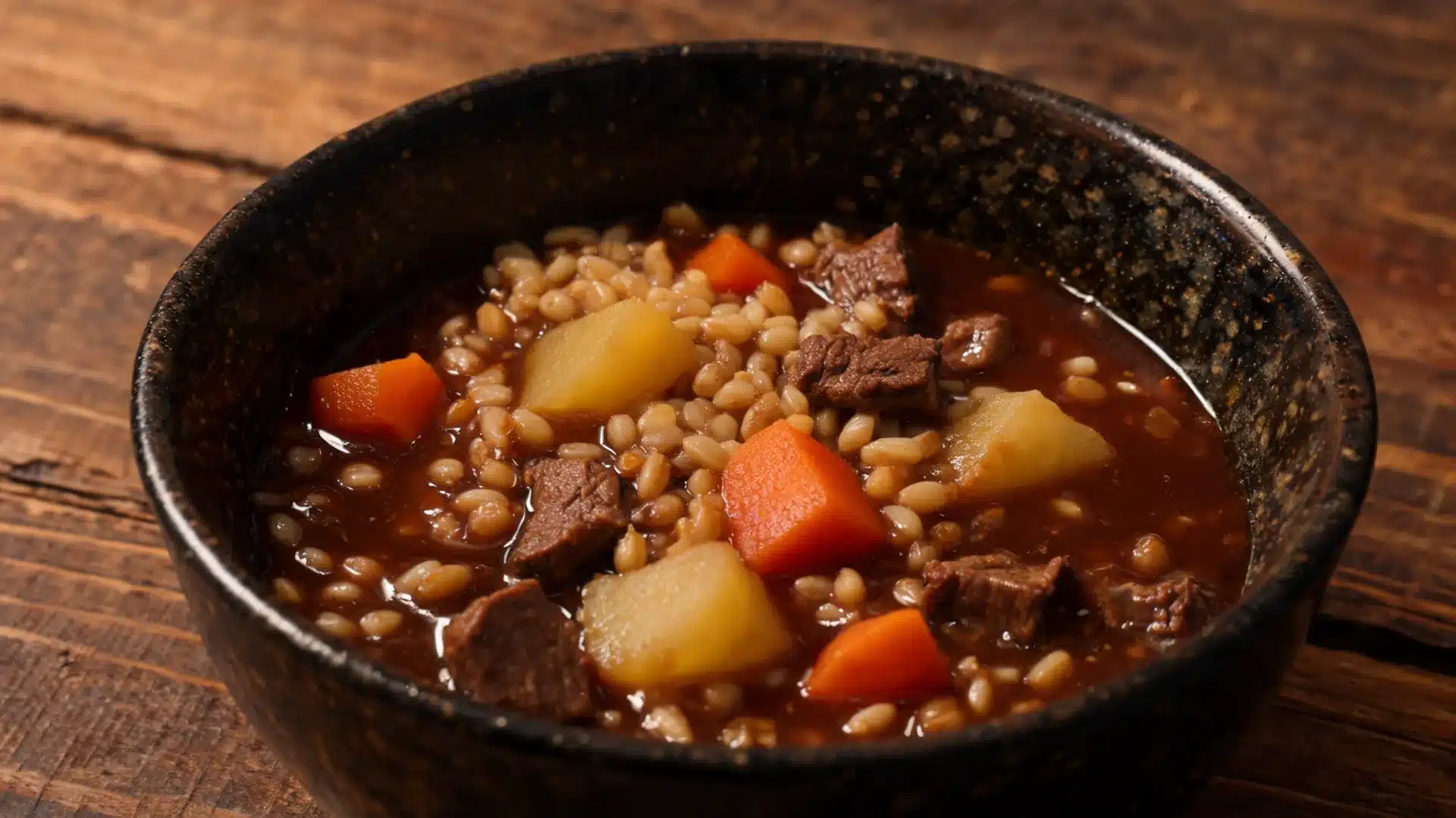 bowl of beef barley soup with carrots, potatoes, and grains in dark broth served on a wooden table with rustic texture