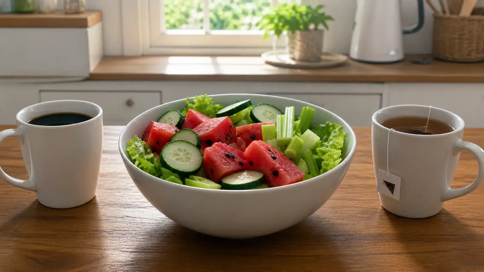 bowl of fresh salad with watermelon cucumber and celery on wooden table, with coffee and tea mugs in sunlit kitchen