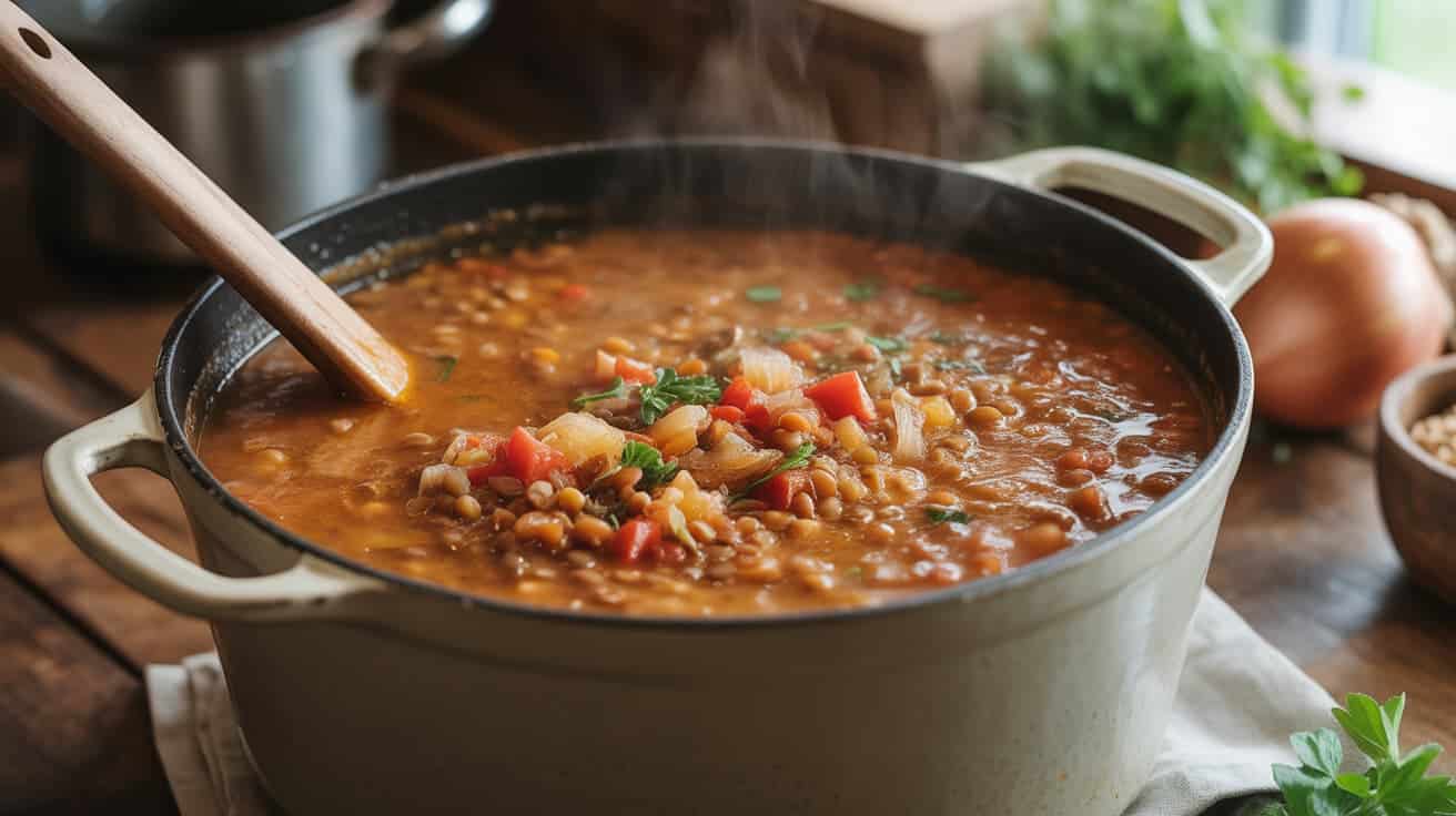 bowl of one-pot lentil soup with tomatoes and spices
