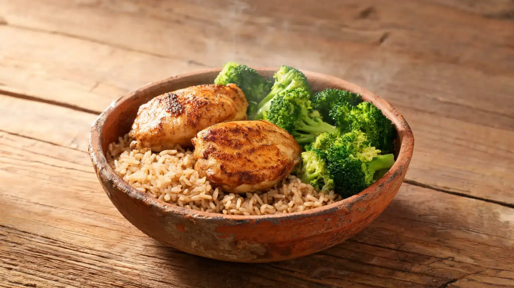 bowl with grilled chicken breast, brown rice, and steamed broccoli on a rustic wooden table with visible steam rising
