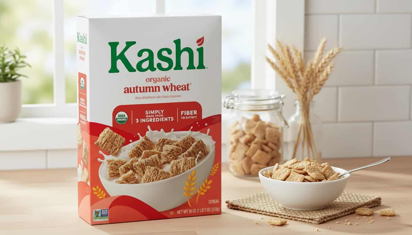 box of kashi organic wheat cereal beside bowl of cereal on kitchen table with wheat decoration (1)