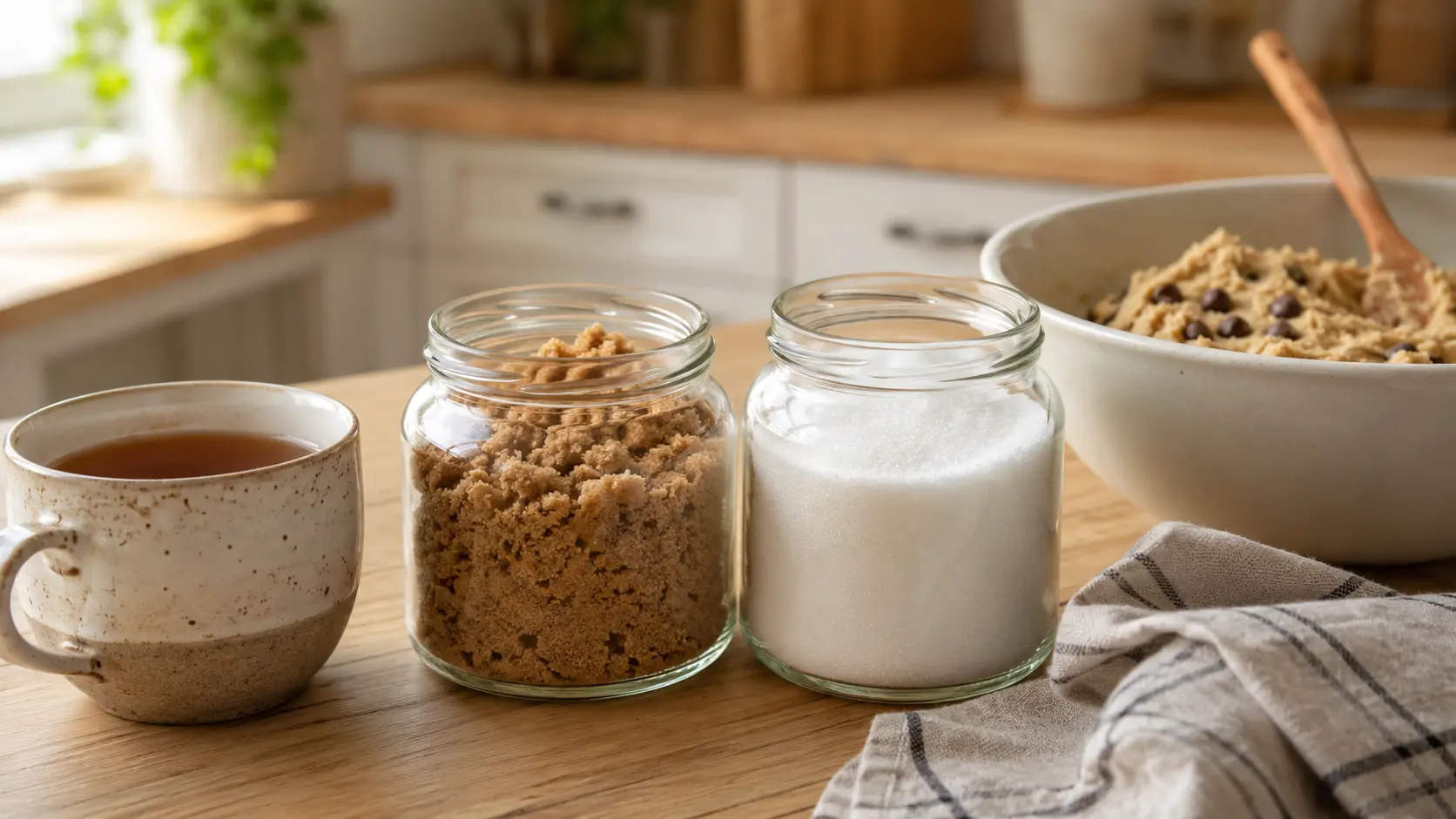 brown and white sugar in glass jars with tea and cookie dough on a kitchen counter