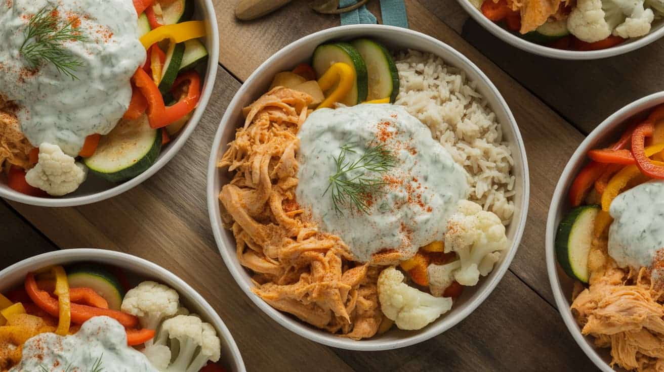 buffalo chicken bowls with cauliflower rice, tomatoes, and creamy dill dip