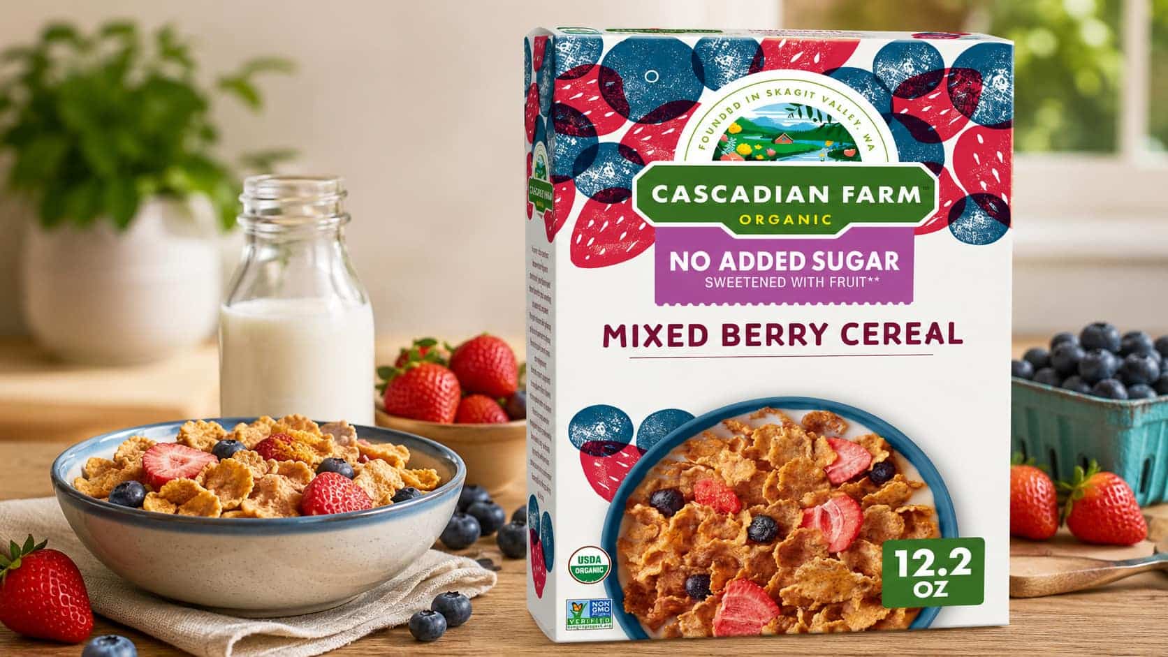 cascadian farm mixed berry cereal box on a wooden table with fresh berries and breakfast elements in a bright kitchen