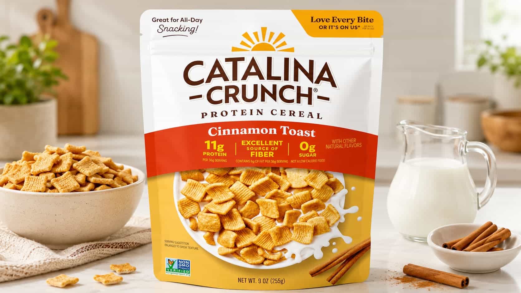 catalina crunch cinnamon toast cereal pouch with bowl of cereal milk pitcher and cinnamon sticks