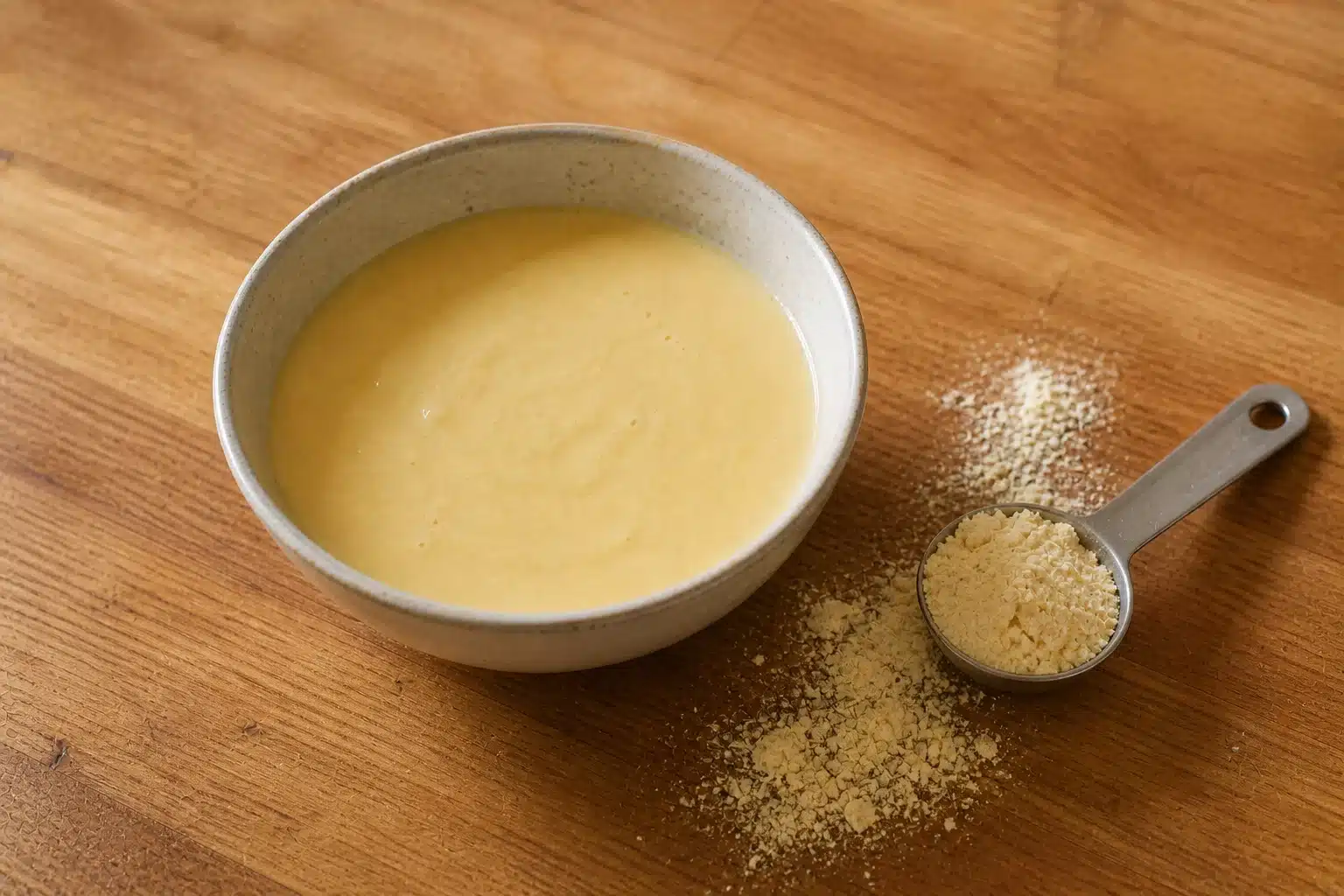 ceramic bowl with pale yellow chickpea flour batter on wooden counter, metal measuring spoon and loose flour scattered