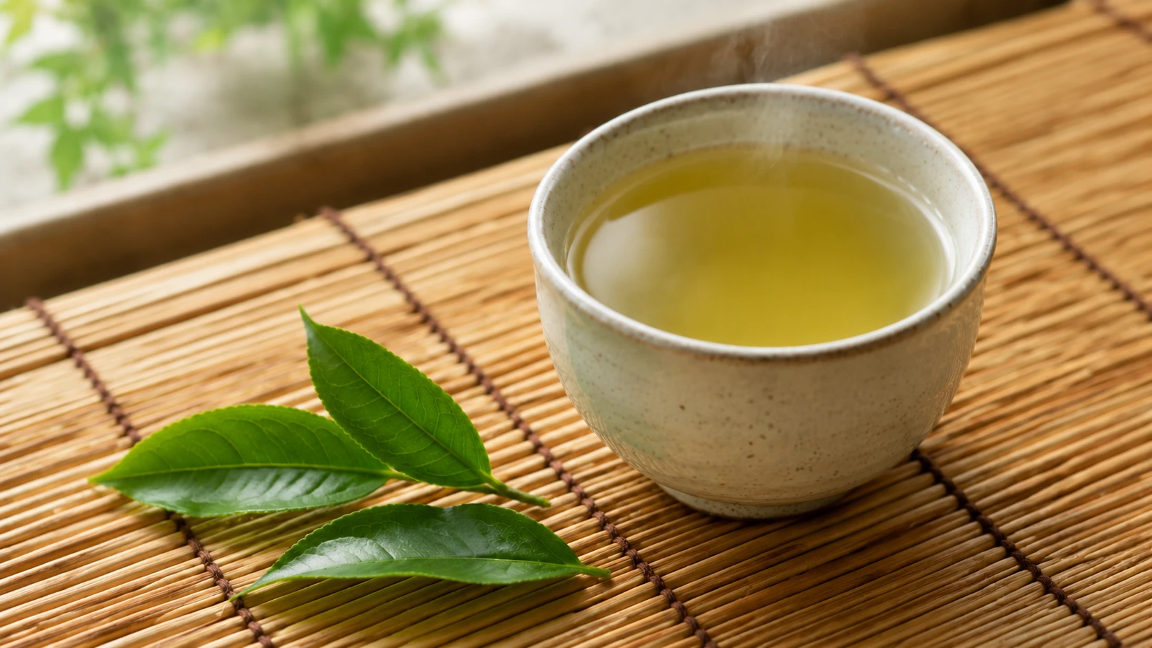 ceramic cup of green tea with fresh tea leaves on bamboo mat, soft natural light from window, peaceful background