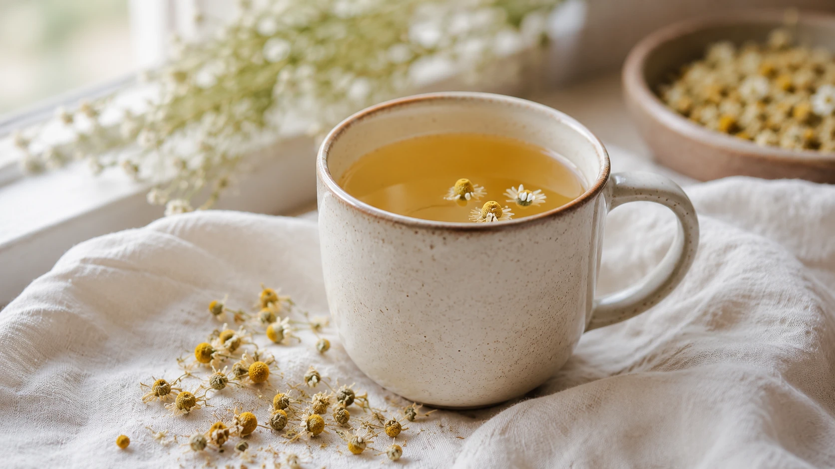 ceramic mug of chamomile tea on white linen cloth with dried chamomile flowers beside it in soft morning window light