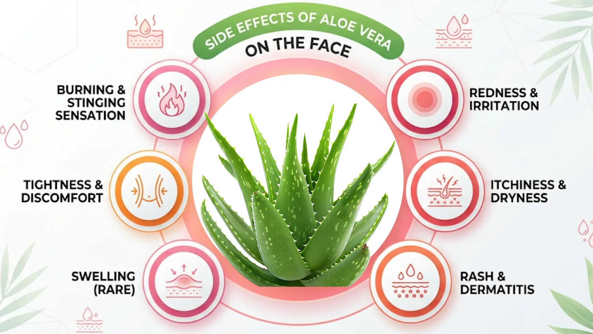 circular infographic with burning, redness, rash, swelling, itching, tightness, and central aloe plant