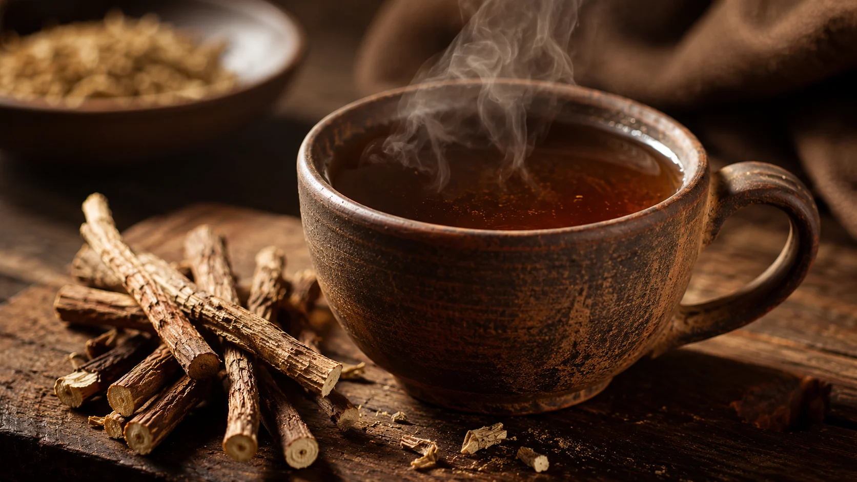 clay mug of steaming licorice root tea beside dried licorice sticks on dark wooden surface under warm moody lighting
