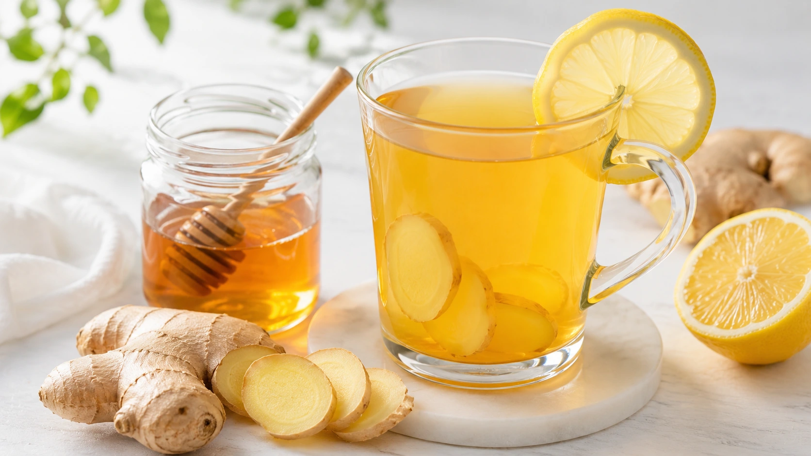 clear glass mug of lemon ginger tea with honey jar, lemon slice, and fresh ginger on bright white background