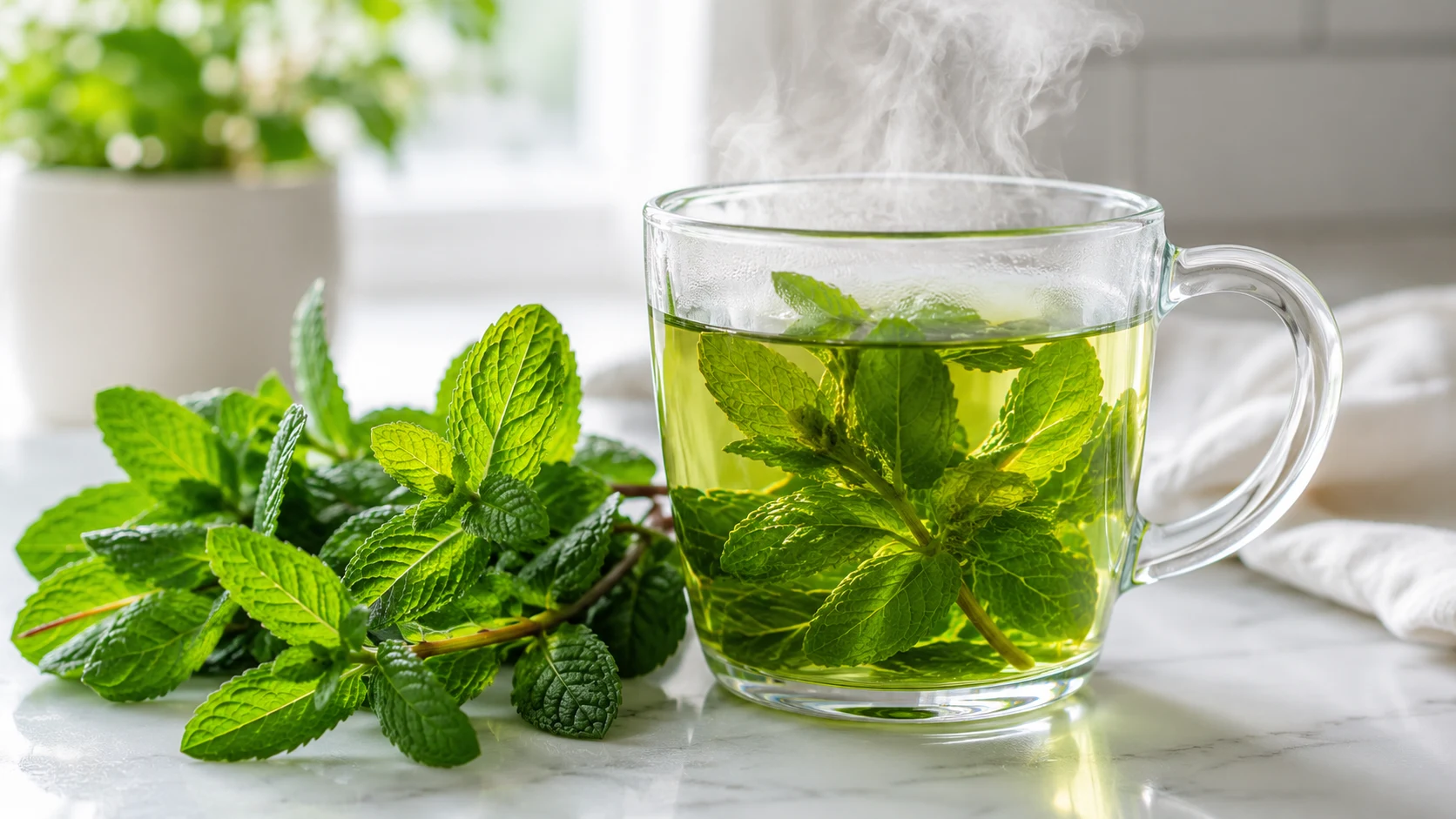 clear glass mug of steaming peppermint tea with fresh mint leaves beside it on white marble surface in natural daylight