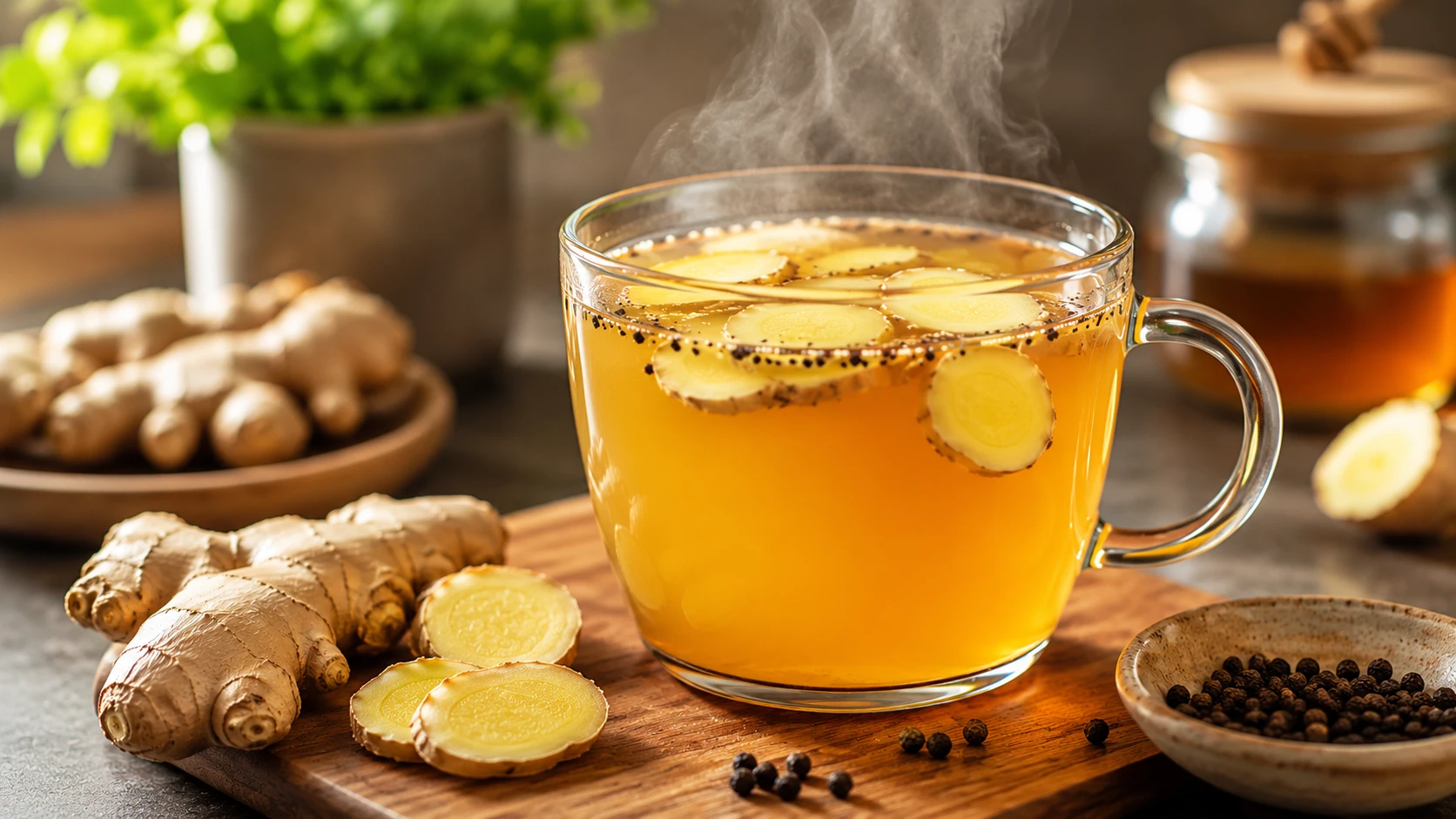 close-up of steaming ginger tea in a clear glass mug with fresh ginger slices and black pepper on a wooden counter
