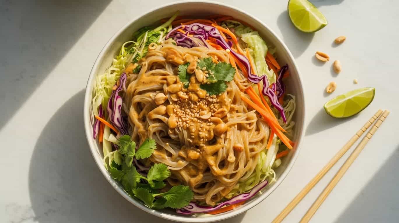 cold noodle salad with shredded cabbage, carrots, and peanut sauce