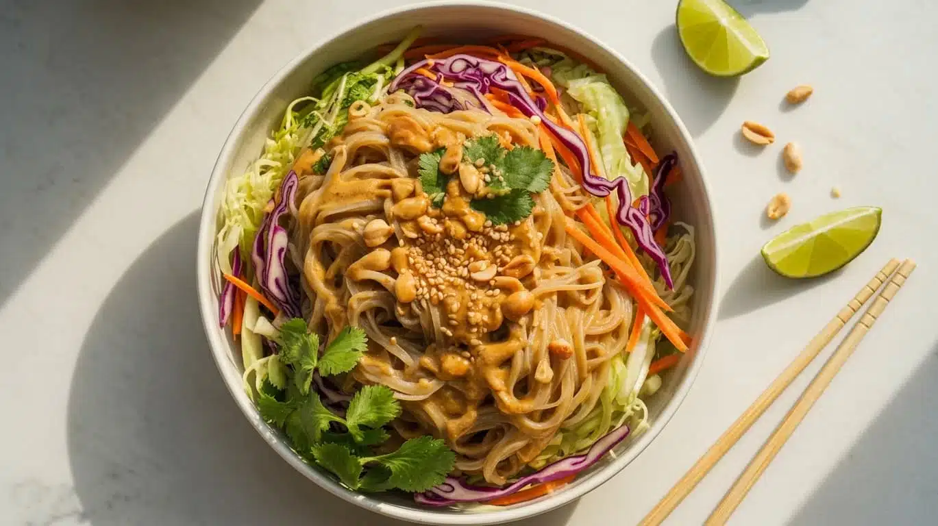 cold noodle salad with shredded cabbage, carrots, and peanut sauce