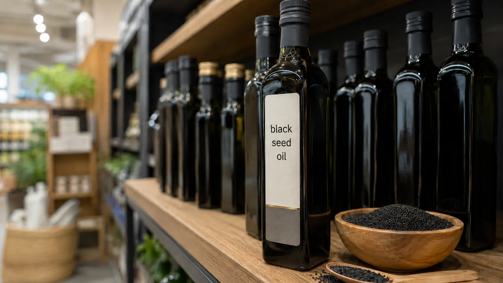 cold pressed black seed oil bottle with nigella sativa seeds on a store shelf