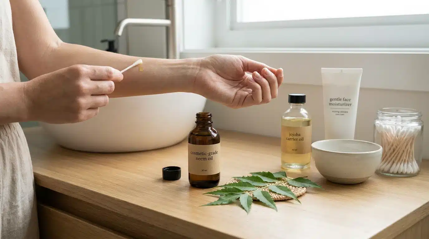 cosmetic-grade neem oil with moisturizer, jojoba oil, neem leaves, cotton pads, and towel on a clean skincare counter