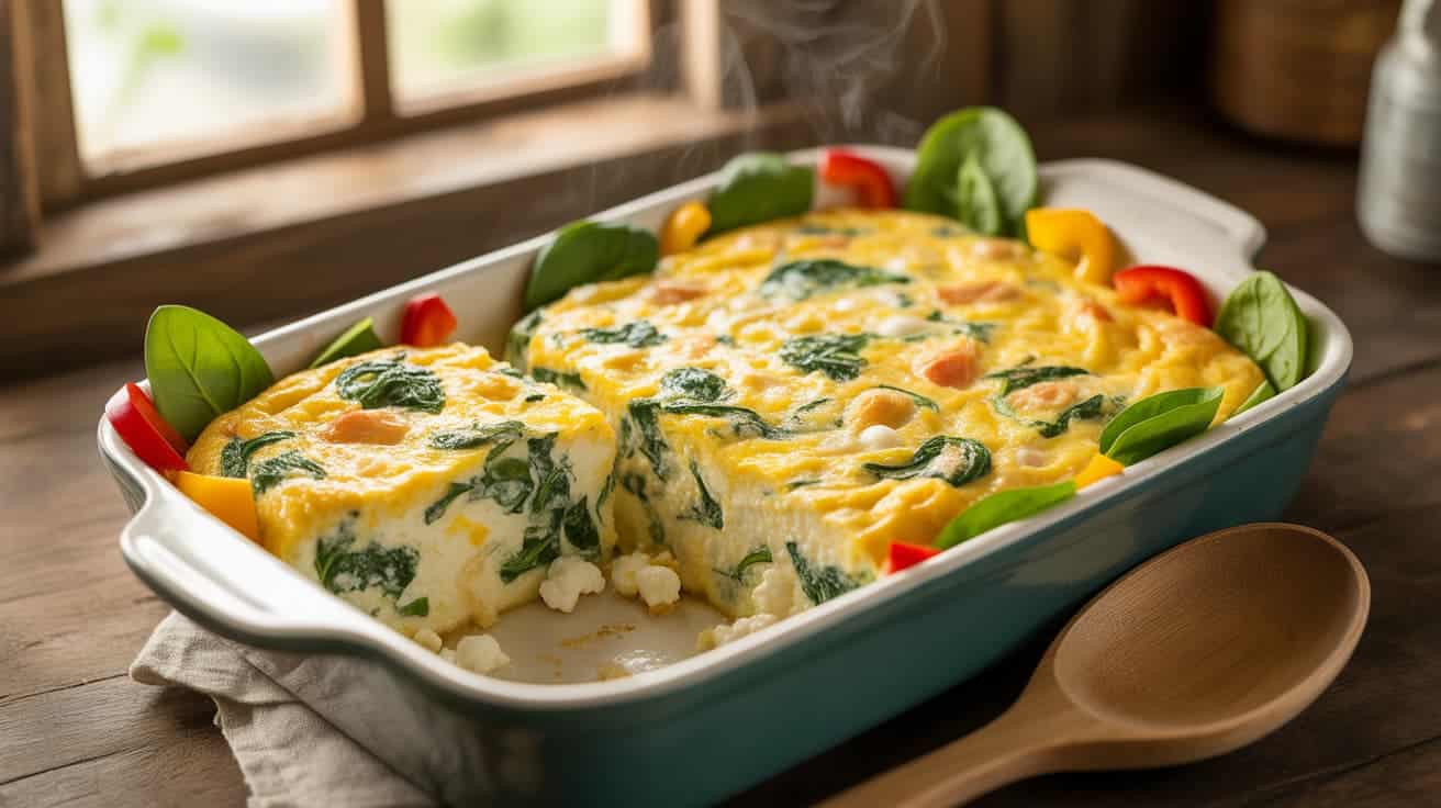 cottage cheese egg bake with spinach and bell peppers in a baking dish