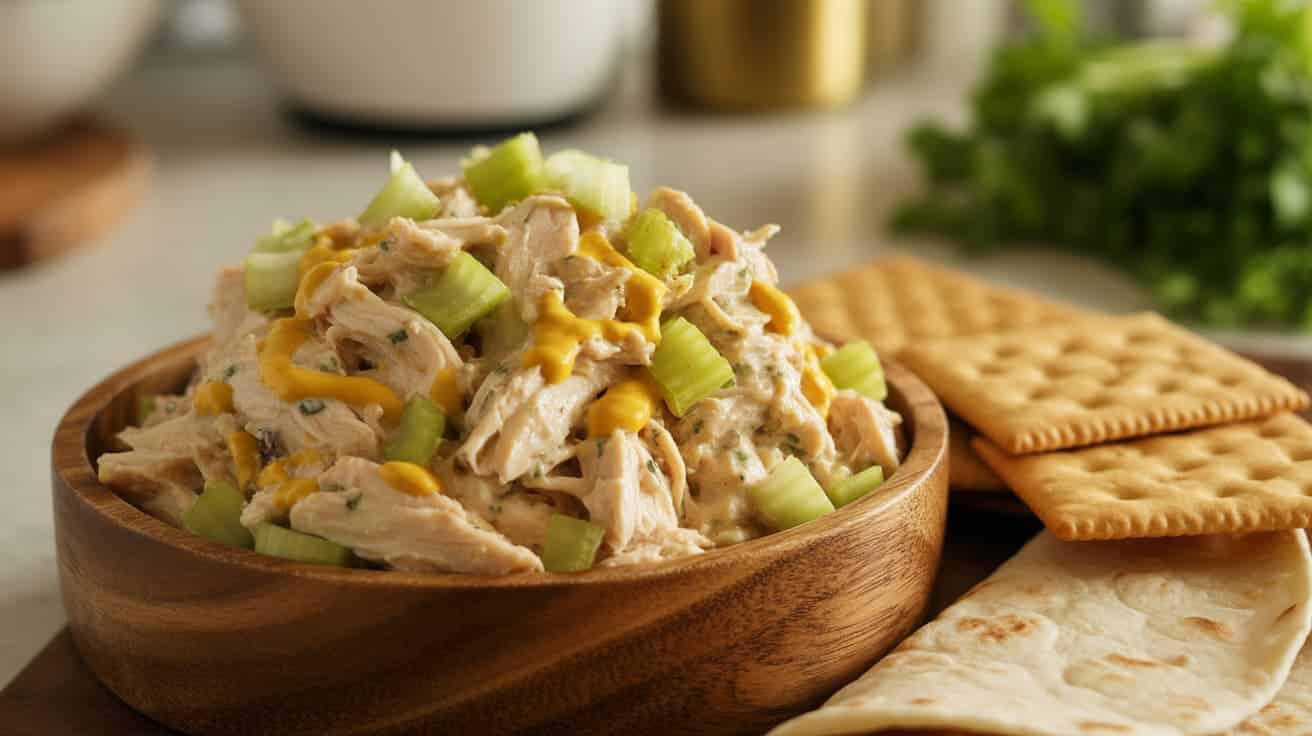 creamy chicken salad with celery in a bowl ready for serving