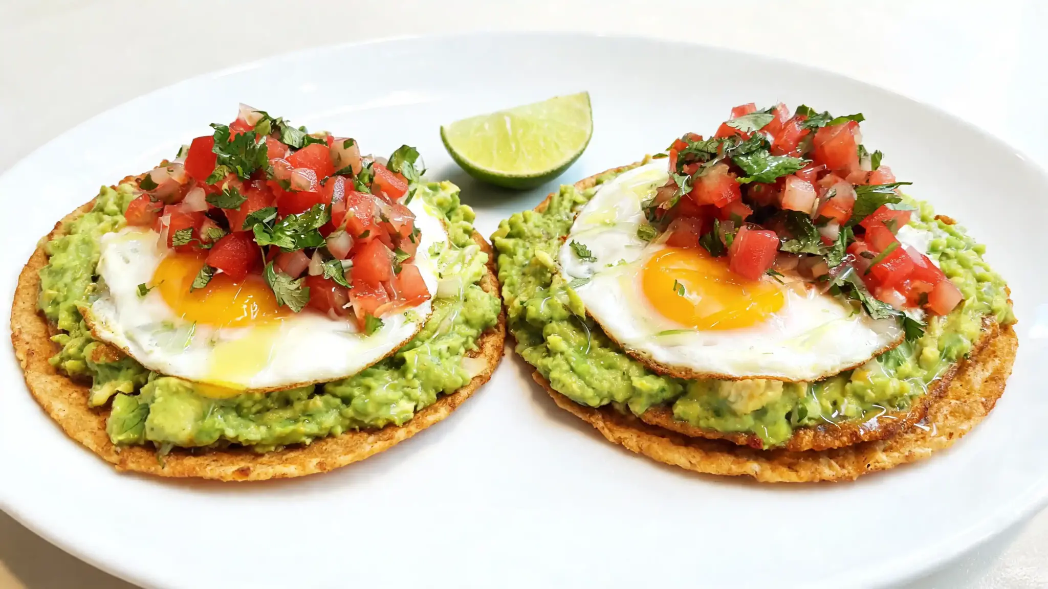 crispy tostadas with mashed avocado, fried egg, and fresh pico de gallo for a nutritious breakfast