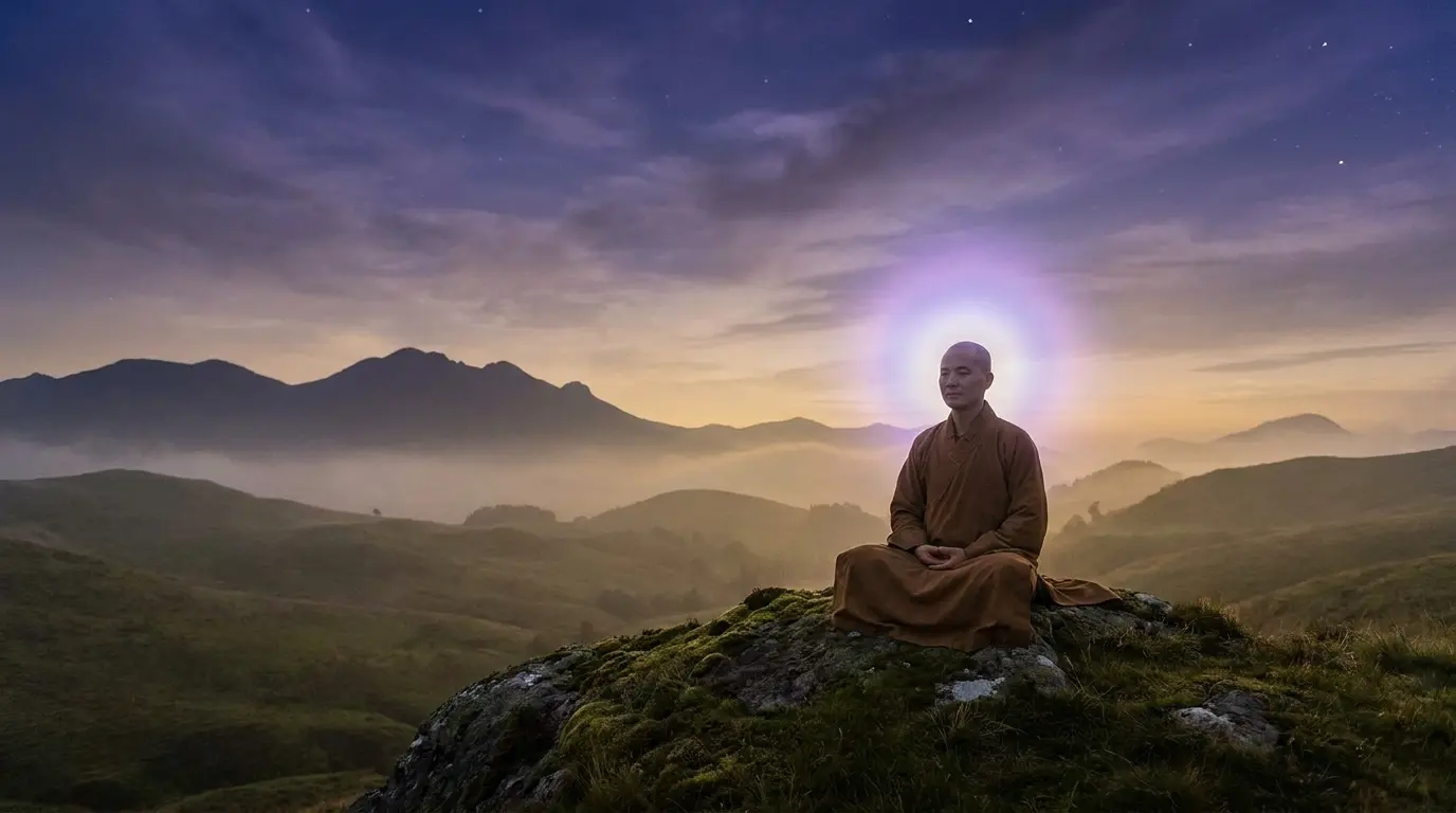 crown chakra violet white glow above head in meditation scene symbolizing spiritual connection and higher awareness