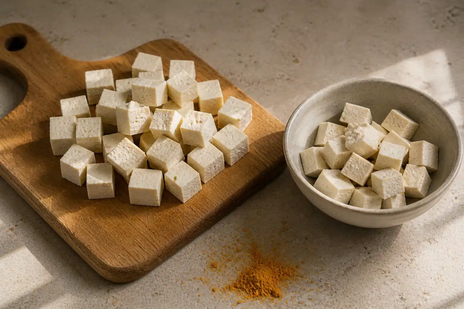 diced firm tofu cubes on wooden board with bowl of tofu pieces beside it, light turmeric powder on kitchen counter