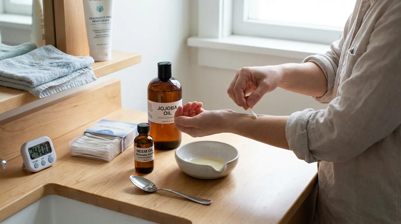 diluted neem oil, carrier oil, and patch test setup showing safe skin use steps on a clean bathroom counter