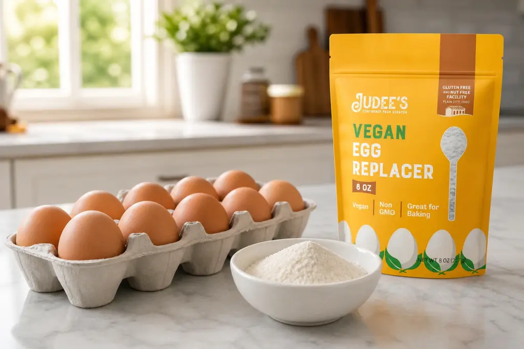 egg carton with brown eggs, bowl of egg replacer powder, and yellow egg replacer packet on bright kitchen counter