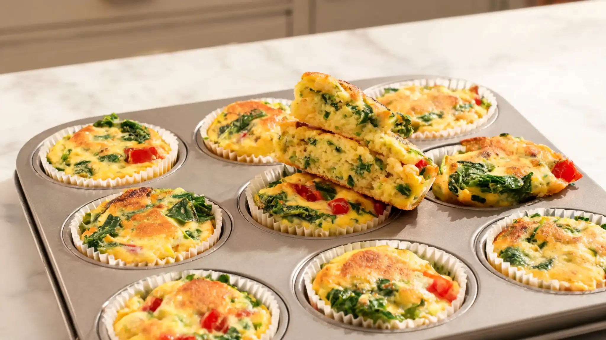 egg muffin cups with kale and tomatoes baked in a tray on a kitchen counter