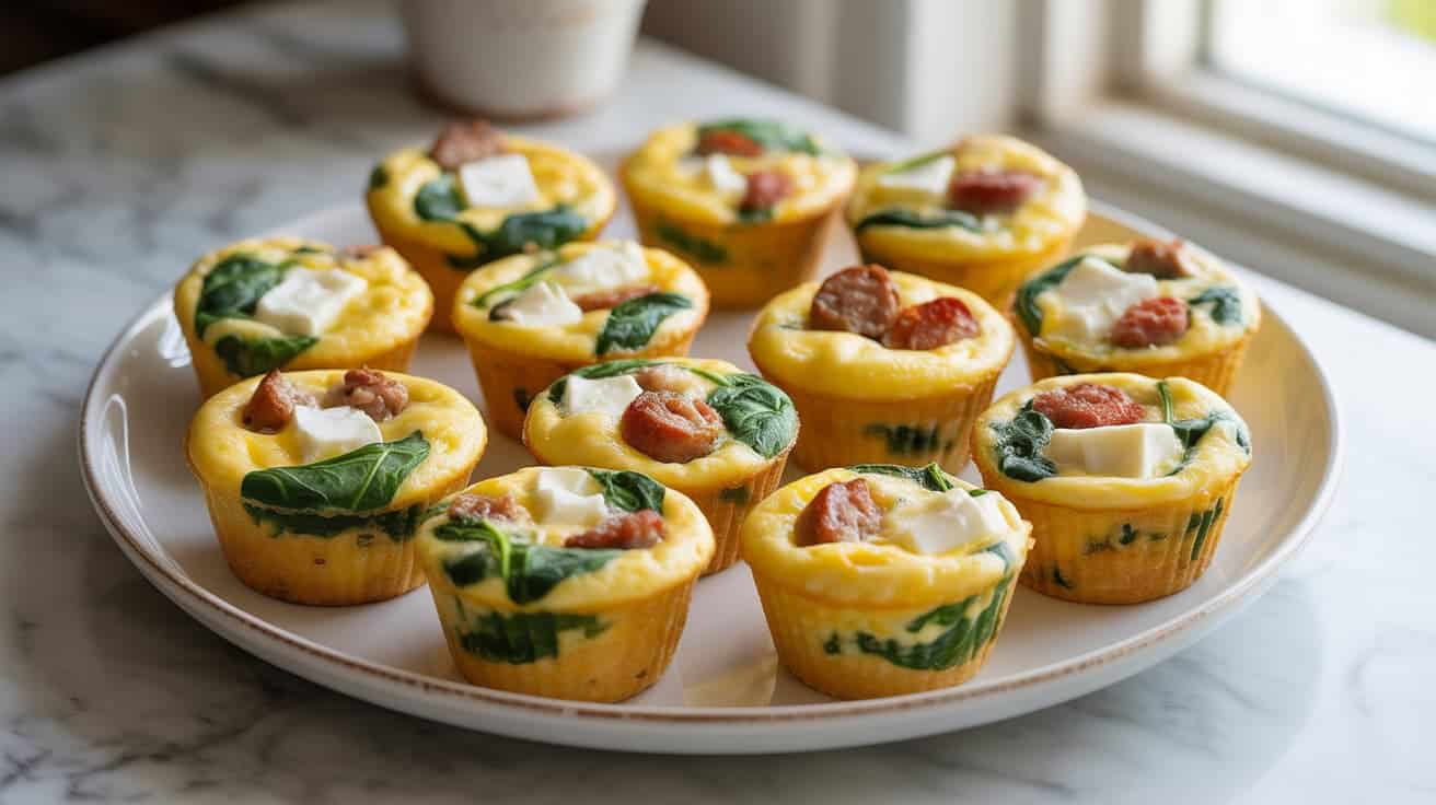 egg muffin cups with spinach and feta in a muffin tin