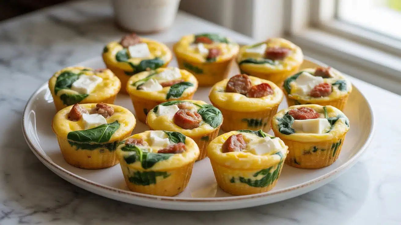 egg muffin cups with spinach and feta in a muffin tin