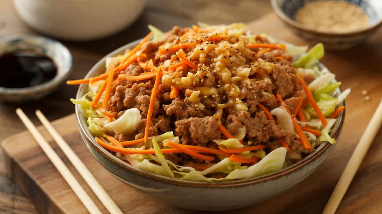 egg roll in a bowl with ground pork, cabbage, and carrots