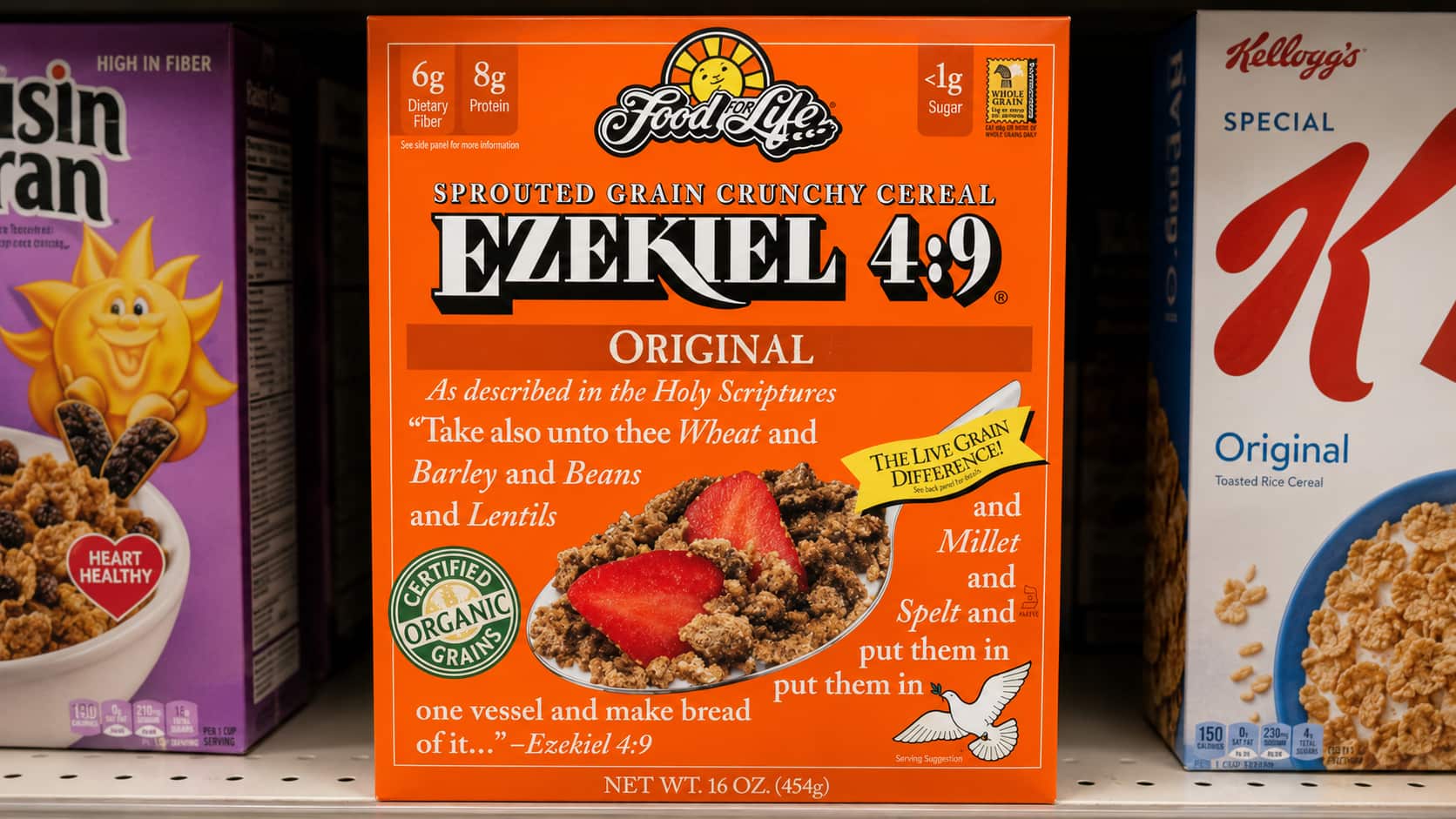 ezekiel 4 9 sprouted grain cereal box on grocery shelf with clean packaging visible