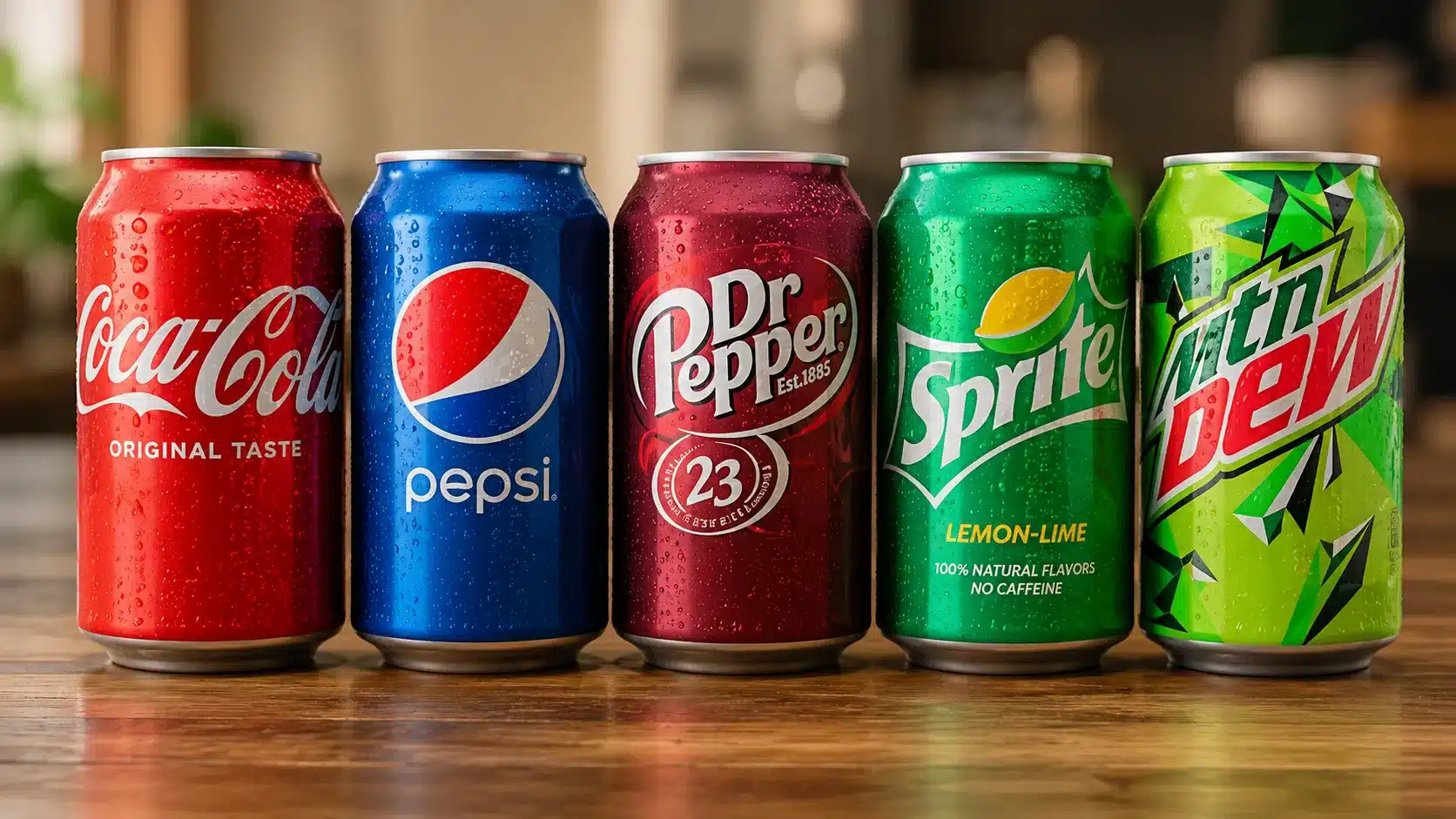 five soda cans coca cola pepsi dr pepper sprite mountain dew arranged on wooden table with condensation droplets