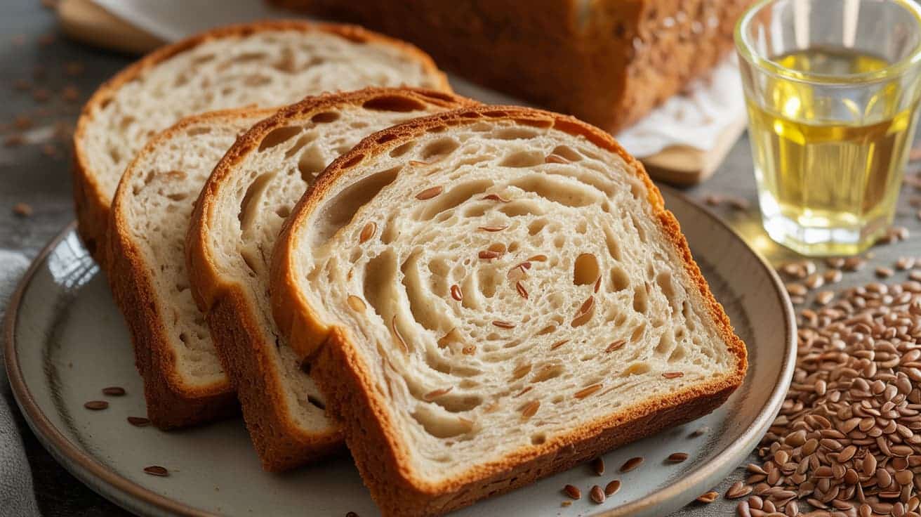 flax bread slices with visible seeds, served with flax oil on the side