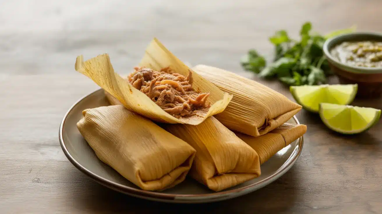 food photograph of traditional tamales arranged on a simple ceramic plate, shot from a slight overhead angle to showcase both the golden masa exterior and the savory filling spilling from one partially unwrapped tamale
