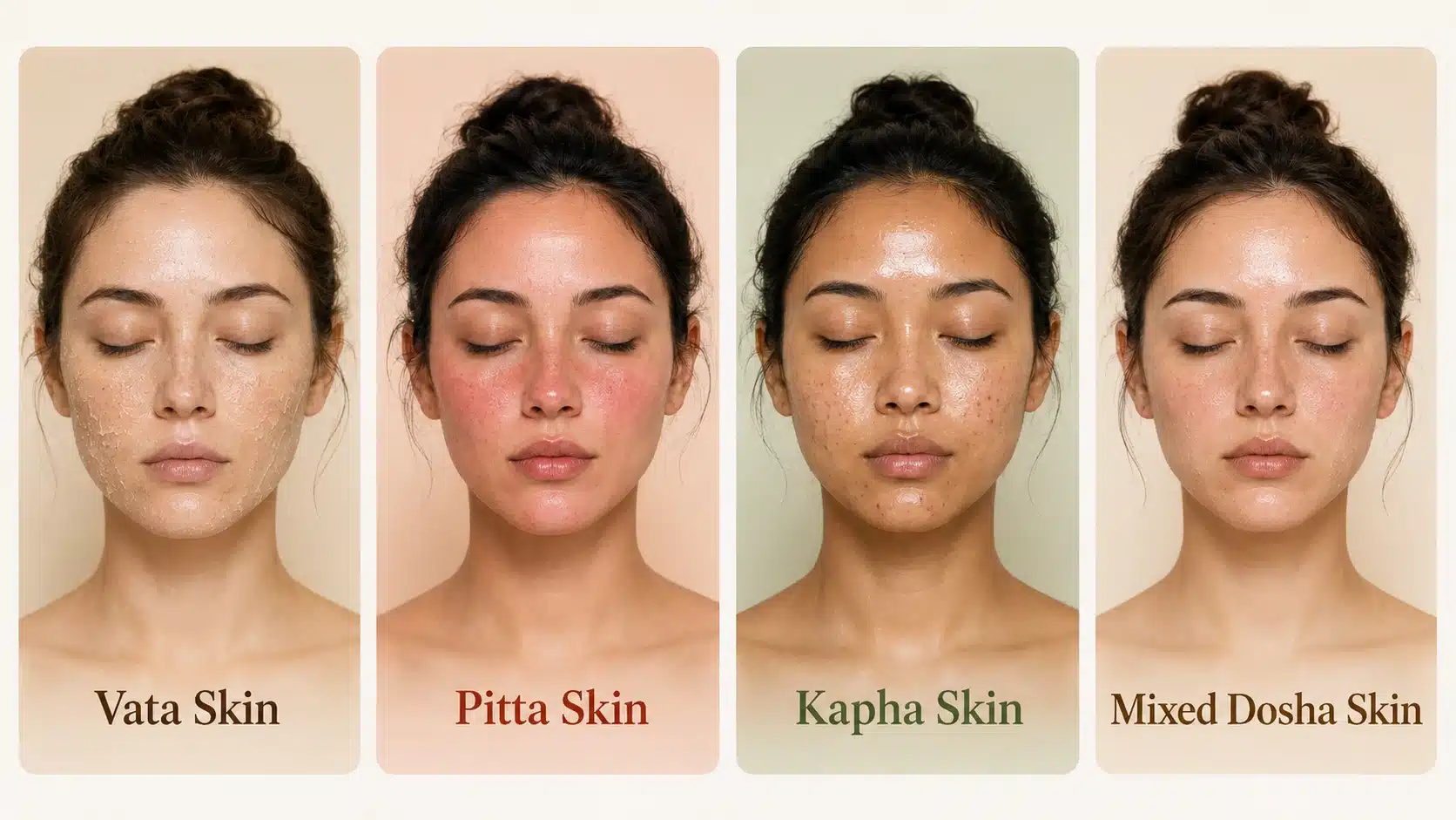 four ayurvedic skin types shown with realistic faces for vata, pitta, kapha, and mixed dosha