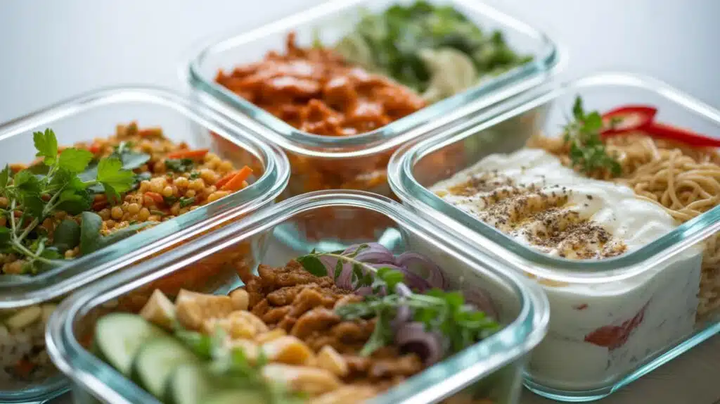 four open glass meal prep containers with grain bowl buffalo chicken cold noodle salad and yogurt parfait