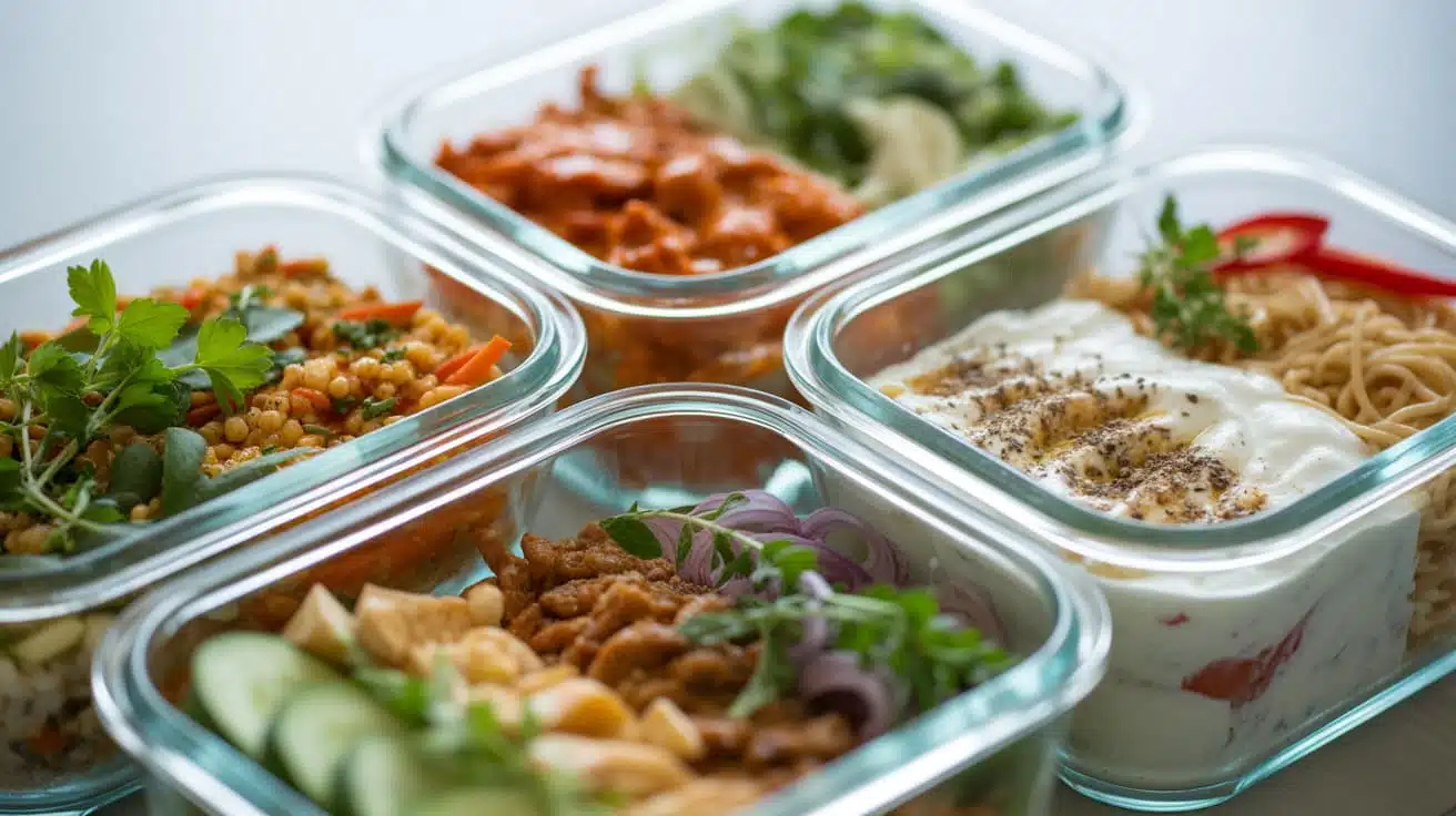 four open glass meal prep containers with grain bowl buffalo chicken cold noodle salad and yogurt parfait